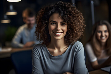 Happy smiling young woman working with business team working together in office