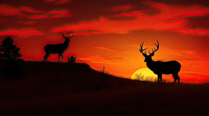 A silhouette of a buck standing proudly on a hill against the backdrop of a fiery sunset