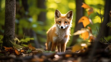 Naklejka premium A curious fox in a dense forest