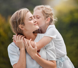 Nature, hugging and child kissing her mother in an outdoor garden for bonding together. Happy,...