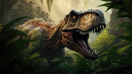 Fototapeta premium A fearsome dinosaur emerging from dense prehistoric foliage