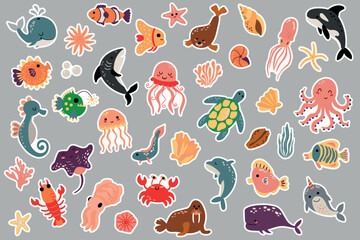A set of stickers with sea creatures. Undersea world.