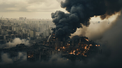Image of a huge explosion with smoke and flames over cityscape background. Aerial view of a massive fire in the city.  Explosion, bombing, war, destruction. military actions, destruction of the city - obrazy, fototapety, plakaty