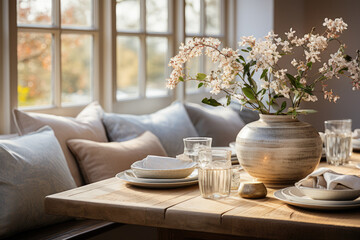 Fototapeta na wymiar Contemporary Scandinavian living-dining space features a cozy corner sofa, wooden table, and abundant sunlight, creating a comfortable, stylish atmosphere.