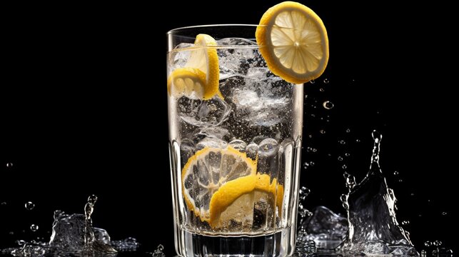 an image of a tall glass of sparkling water with lemon wedges and ice cubes
