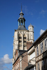 Houses and church spire in Bernay, France.
