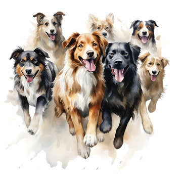 Group of watercolor dogs on transparent background