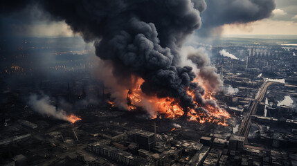 Image of a huge explosion with smoke and flames over cityscape background. Aerial view of a massive fire in the city.  Explosion, bombing, war, destruction. military actions, destruction of the city