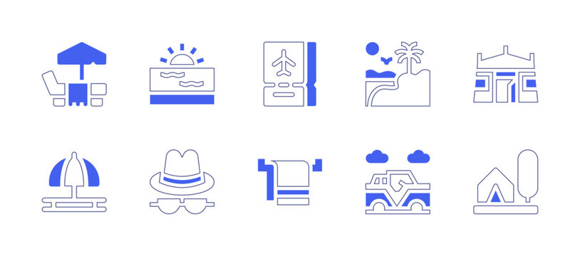 Holiday icon set. Duotone style line stroke and bold. Vector illustration. Containing sunbed, umbrella beach, oasis, jeep, tent, camping, sunset, ticket, hat, towel.