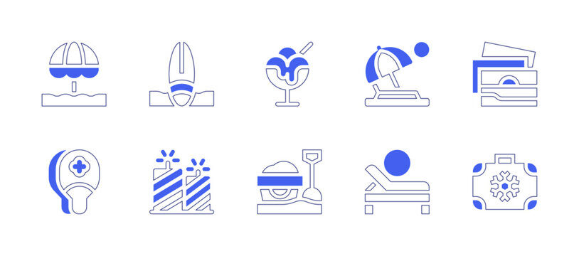 Holiday icon set. Duotone style line stroke and bold. Vector illustration. Containing sand bucket, sunbed, sun umbrella, surfboard, paddle, fireworks, ice cream cup, beach, pictures, suitcase.