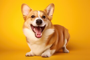 very happy dog corgi on yellow bright background