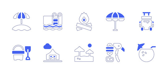 Holiday icon set. Duotone style line stroke and bold. Vector illustration. Containing bonfire, suitcase, beach, coconut, sun umbrella, ice axe, swimming pool, sand bucket, architecture and city.