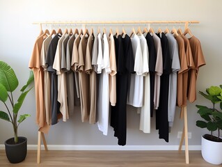 a rack of clothes with different colors of shirts