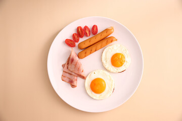 breakfast egg fried ham and sausage breakfast in studio shooting
