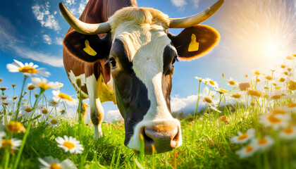 Close-up of a white and brown cow (heifer) with horns on a sunny pasture with green grass and daisy flowers, looking at camera, bottom view.