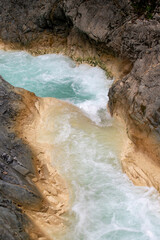 Blue lake in Giresun. The river flows blue due to soda water. Kuzalan nature park. It is located...