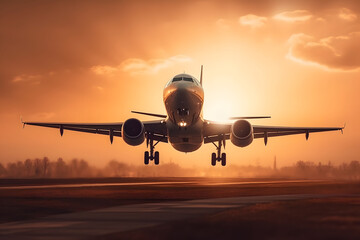 airplane landing at sunset. 