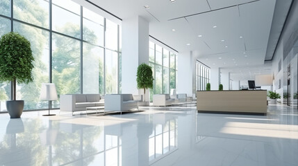 Interior of modern office in white wall building lob - obrazy, fototapety, plakaty
