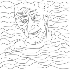 Mans head line drawing surrounded by water drowning concept art