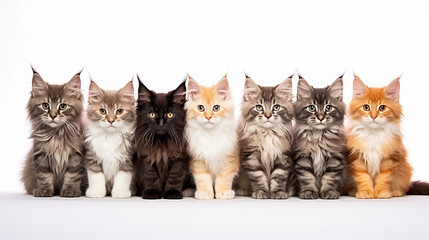 Row / group of six multi colored Maine Coon cat kittens all looking straight at lens, isolated on white background
