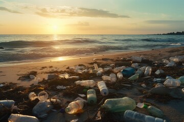 Obraz premium trash on the ocean shore. problem of pollution and ecology of the sea