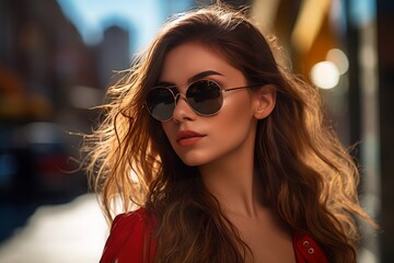 Close-up of a beautiful young brown-haired woman with long hair wearing sunglasses and a red dress on a sunny summer day - obrazy, fototapety, plakaty