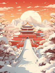 Forbidden City Snow Scene Illustration,created with Generative AI tecnology.