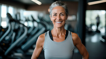 Fototapeta premium Elderly smiling woman enjoys exercising in gym, promoting fitness, standing in studio and looking at camera