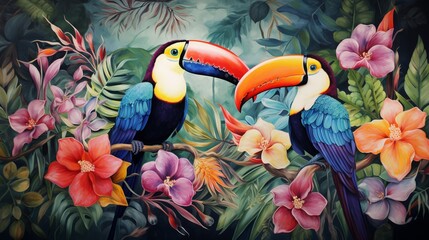 an image of a tropical paradise with vibrant Toucans perched among exotic flowers and lush greenery - obrazy, fototapety, plakaty