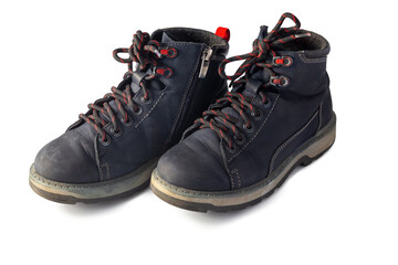 Dark blue leather stylish children's shoes, laced boots isolated on white background