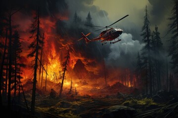 Air helicopter firefighting of forest wildfire.