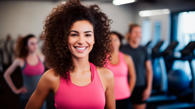 Gym portrait with young curly brunnete latin woman, sporting pleasant smile, against backdrop of blurred athletes people