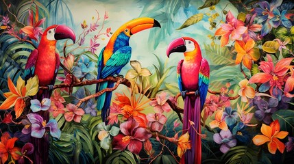 an image of a tropical paradise with vibrant Toucans perched among exotic flowers and lush greenery