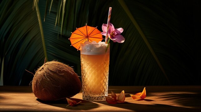 an image of a tropical coconut cocktail with a tiny umbrella and a paper straw