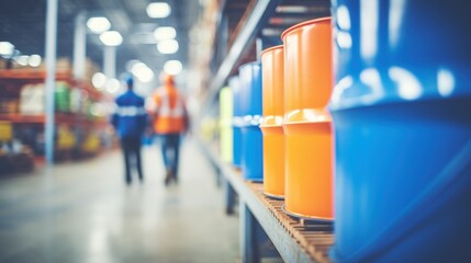Fototapeta premium Workers in protective suits in front of the barrels