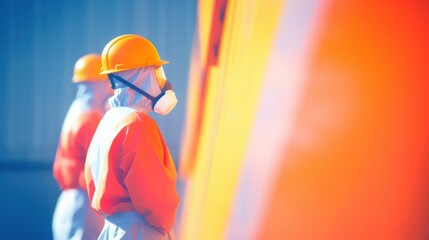 Workers in protective suits in front of the barrels