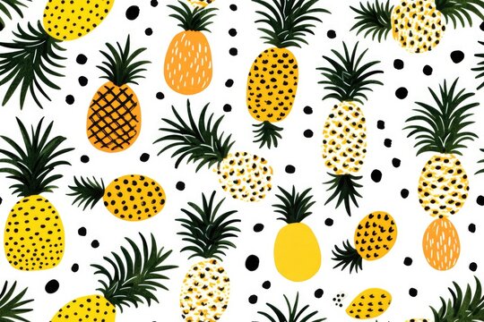 seamless pattern of colorful pineapples with leaves on white background