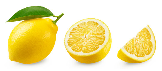 Lemon isolated set. Collection of ripe lemon, half and slice on a transparent background.