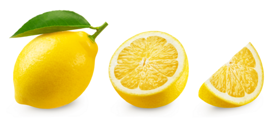 Lemon isolated set. Collection of ripe lemon, half and slice on a transparent background.