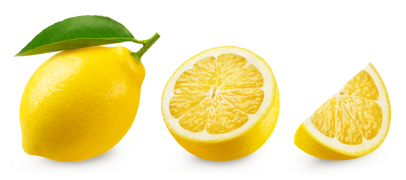 Lemon isolated set. Collection of ripe lemon, half and slice on a transparent background.