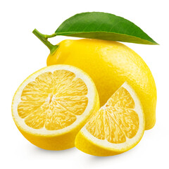 Lemon isolated. Ripe lemon, half and slice of lemon on a transparent background.
