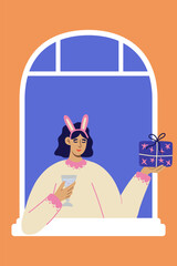 Woman in the window celebrate Christmas. Greeting card with cute female cartoon character in bunny ears. Flat vector illustration