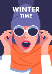 Winter time. Concept of vacation, party and travel. Face of surprised, beautiful woman with scarf, winter hat and sunglasses. Vector illustration for mobile and web graphics.
