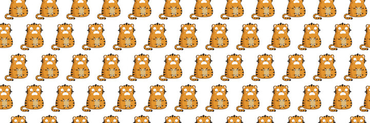 Banner with cute cartoon tiger cub in a flat style. Seamless pattern.