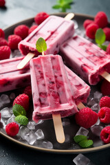 Refreshing Indulgence: Plate of Homemade Raspberry Yogurt Popsicles with Fresh Berries and Ice