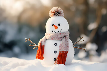 Snowman with hat and scarf isolated on white background, Snowman under the snowfall, doll of snowman in the forest
