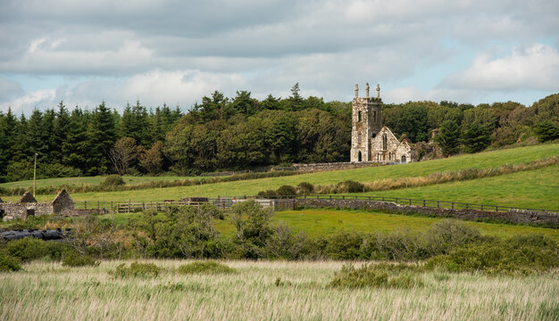 Irish church ruins in farmland. Castlefreke church remains. . Irish countryside. Cork County Ireland Europe