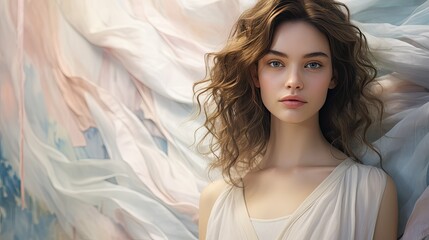 Young Woman Serene on Pastel Moonstone Background