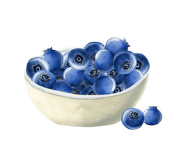 Blueberry bowl with ripe berries watercolor illustration isolated on white background for dessert, snack and breakfast designs