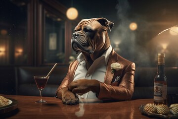 Dog in suit with cigar and champagne in casino. Doggy pet casino gambling player. Generate ai - obrazy, fototapety, plakaty